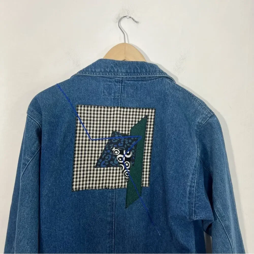 Vintage Denim Applique Created By Connie Oversized Long Trench Coat Size XS
